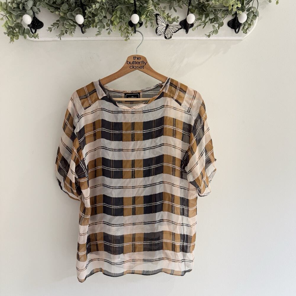 malene birger Brown Plaid Silk Blouse Lined 32 Z9063 designer quiet luxury